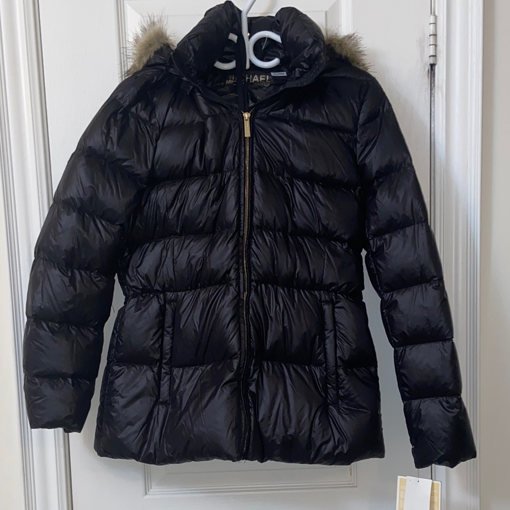 Michael Kors womens Black Puffer Jacket with Faux Fur Hood